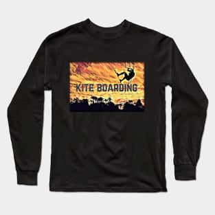 Kite Boarding (flying silhouette surfer sunset) Long Sleeve T-Shirt